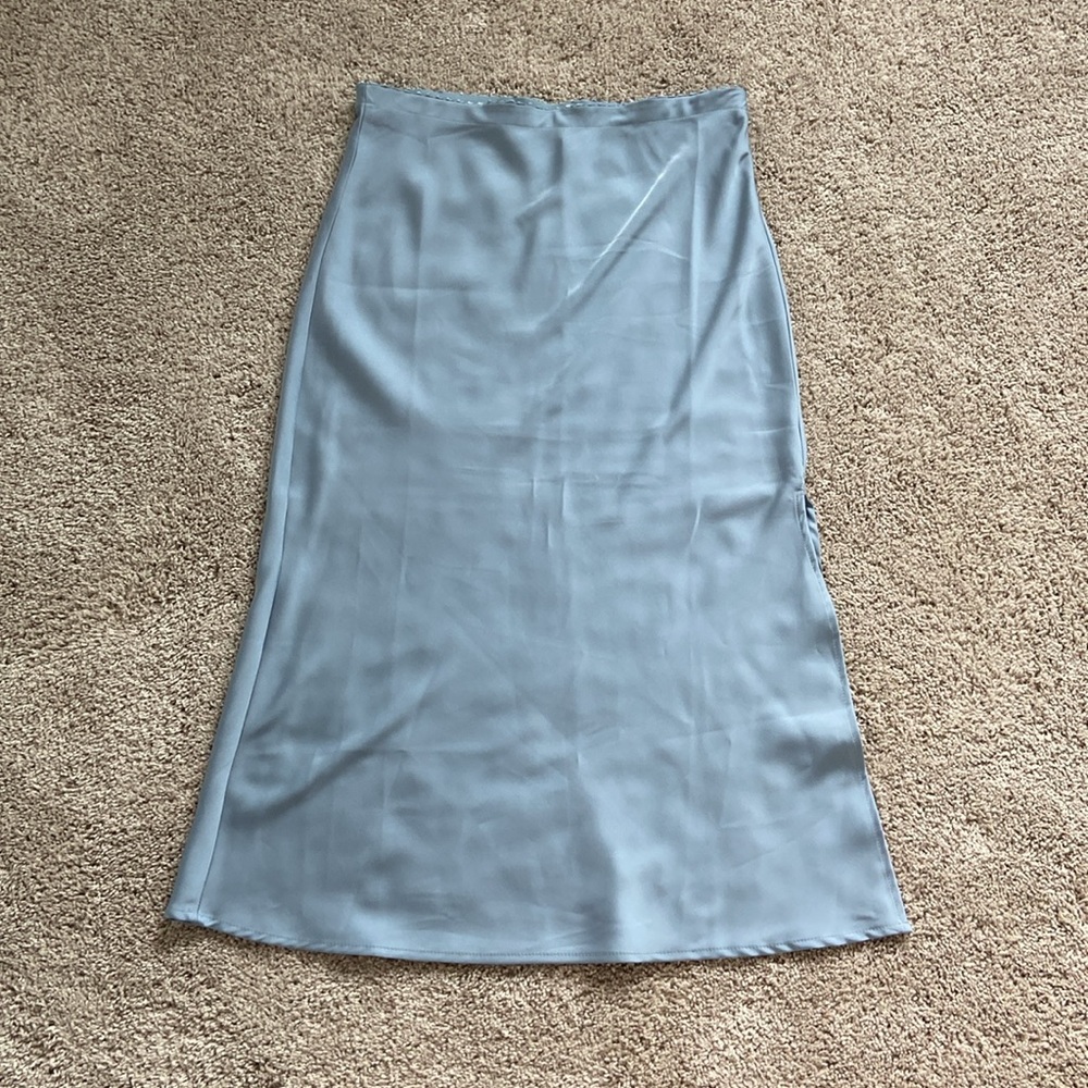 The Workshop • Light Blue Satin Midi Skirt